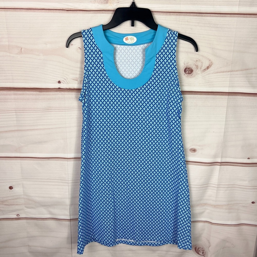 Spunkwear Dress Womens S Blue Geometric Tank Scoop Neck Sleeveless Pullover Knit